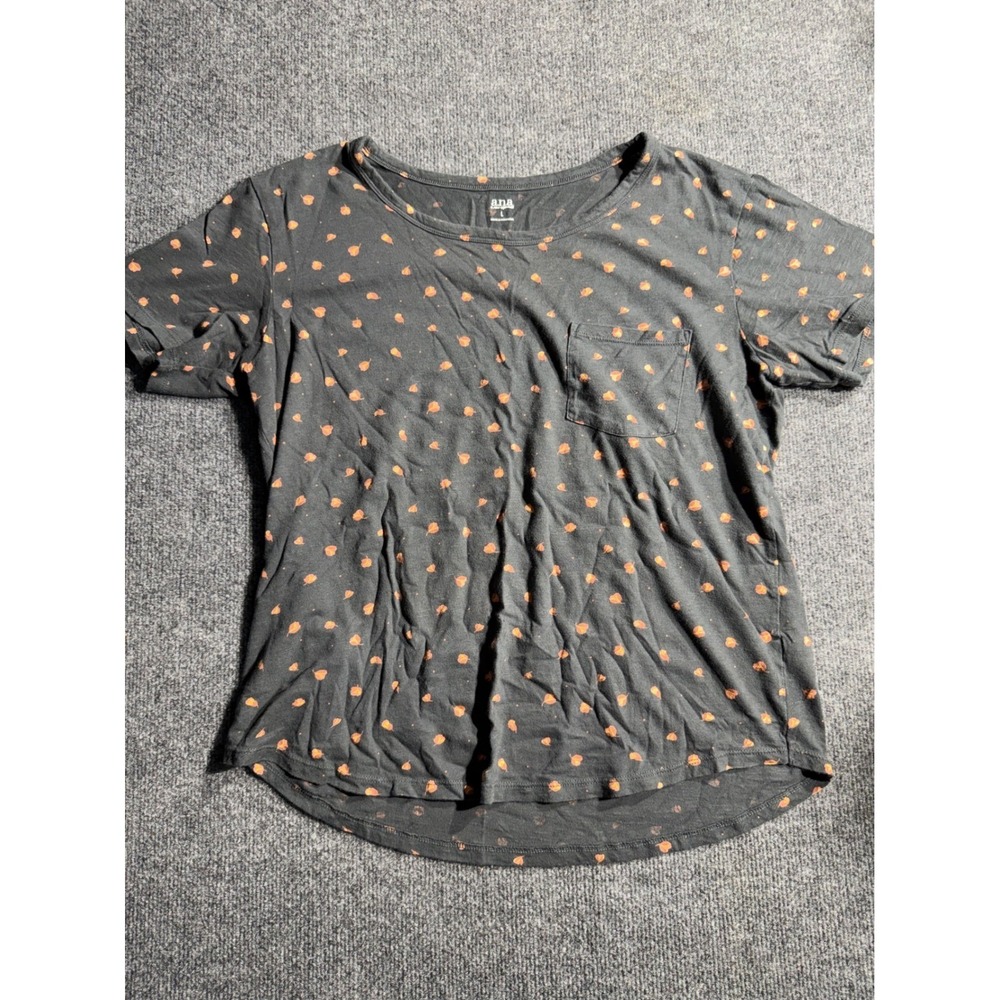 a.n.a Womens Large Black Orange Leaf Print Pocket T-Shirt Cotton Short Sleeve